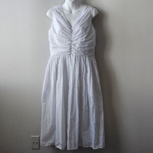 Ellen Tracy 10 White Ruched V-Neck Midi Dress Cotton Blend Summer Bridal FLAW